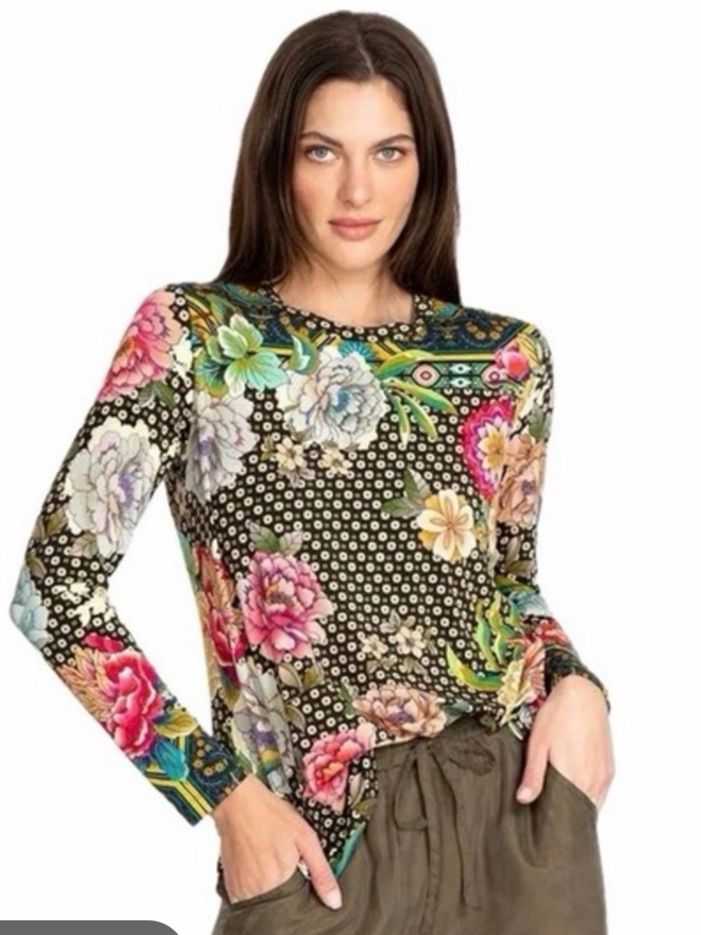 Johnny Was Fagan Floral Bird Long Sleeve Swing Tee Tunic Shirt M